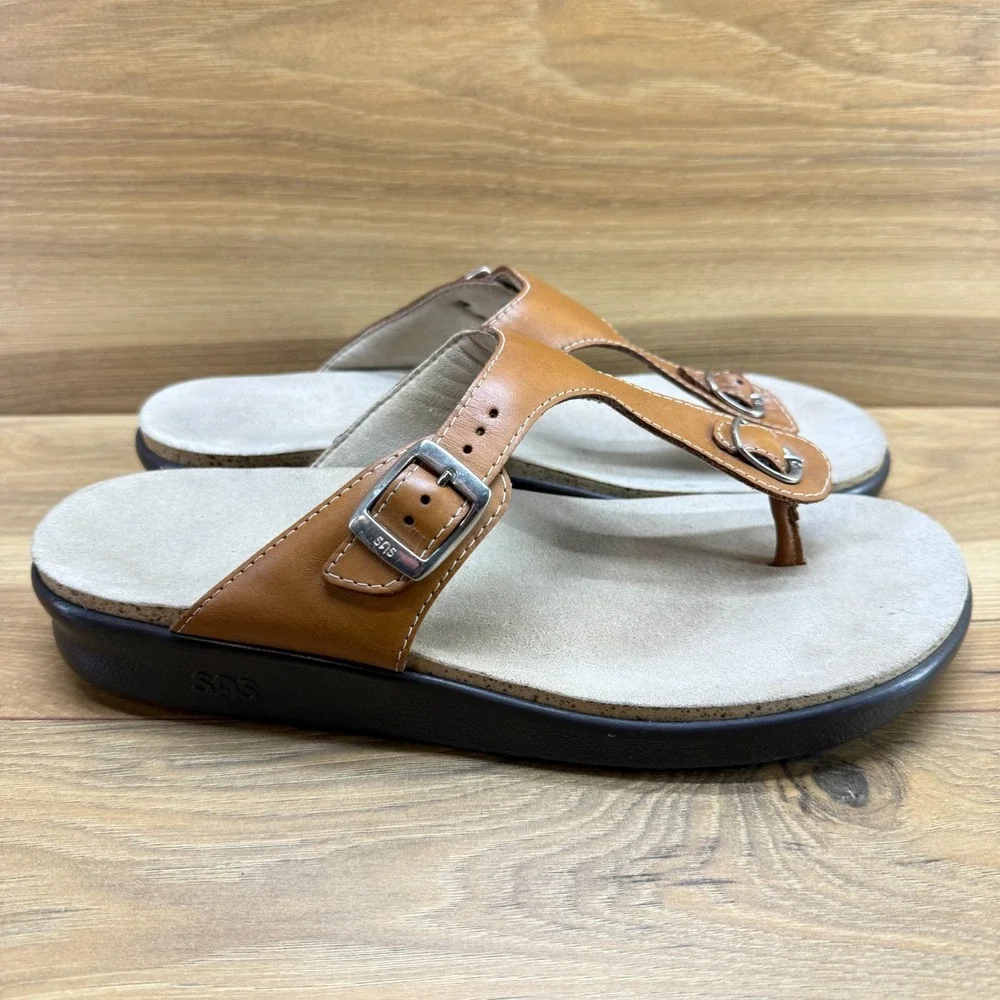 SAS Sanibel Flip Flop Sandals Womens 11 M Caramel Tan Leather Walking Comfort